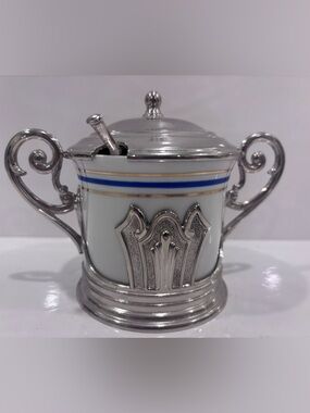Vintage Italian Porcelain mustard pot w spoon. Made in Italy  B.P. Zinc